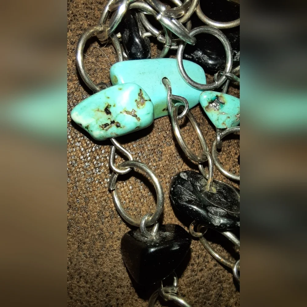 Turquoise and black genuine nugget multistrand necklace silvertone